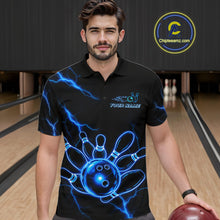 Load image into Gallery viewer, Male bowler wearing Blue Lightning Thunder Neon bowling jersey custom bowling tournament apparel