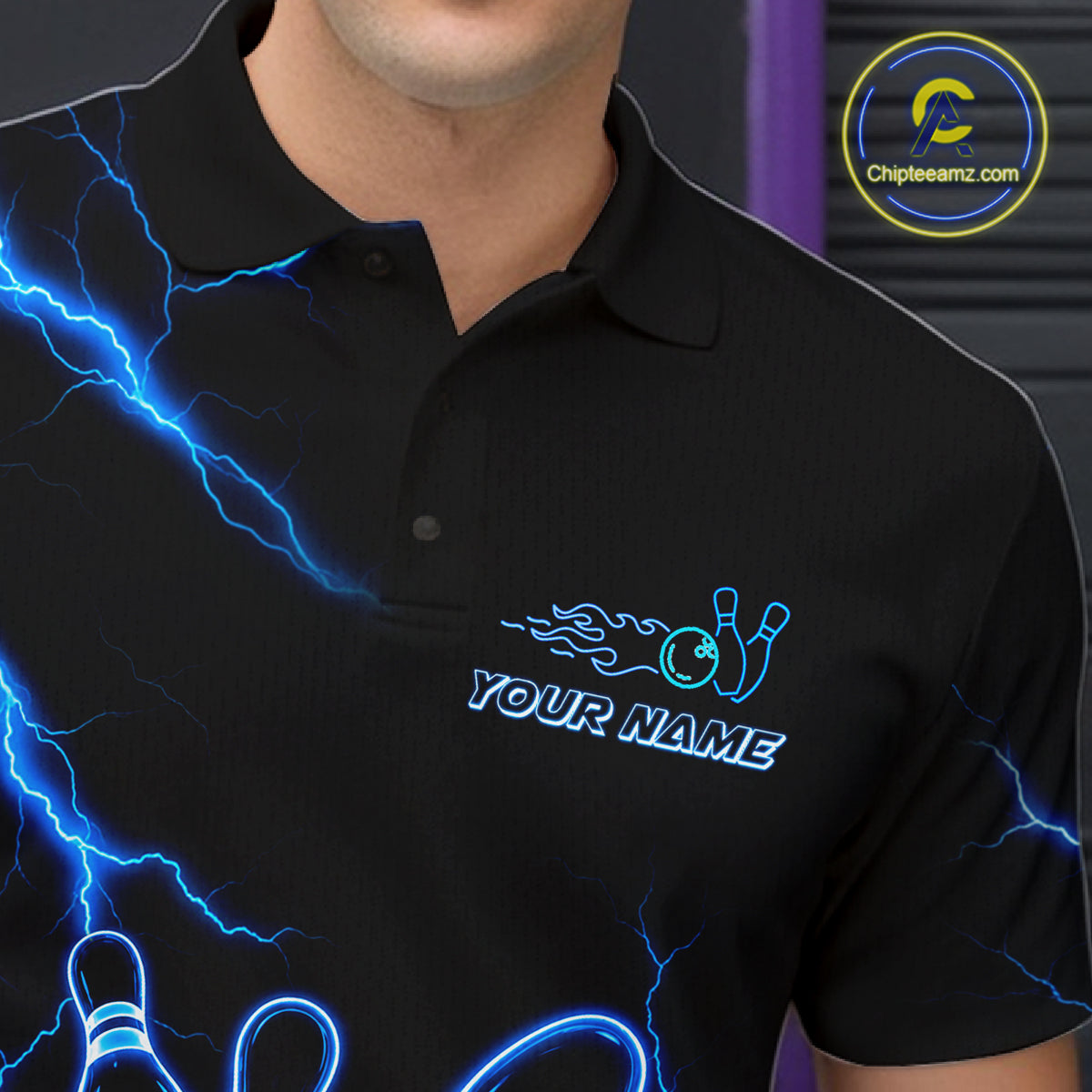 Male bowler wearing Blue Lightning Thunder Neon bowling jersey custom bowling tournament apparel