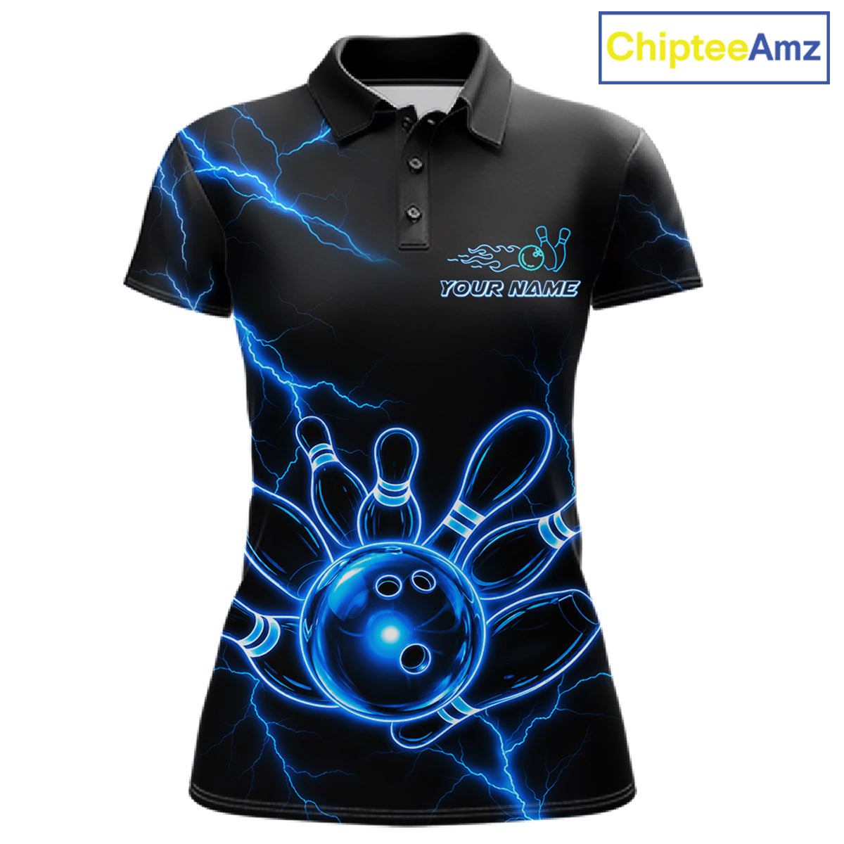 Blue Lightning Thunder Neon Bowling Polo Shirt For Women Custom Bowling Team Jersey Personalized League Bowler Apparel