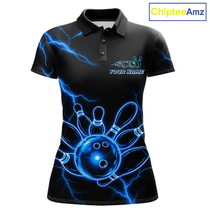 Blue Lightning Thunder Neon Bowling Polo Shirt For Women Custom Bowling Team Jersey Personalized League Bowler Apparel