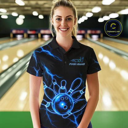 Female bowler wearing Blue Lightning Thunder Neon bowling jersey custom bowling tournament apparel