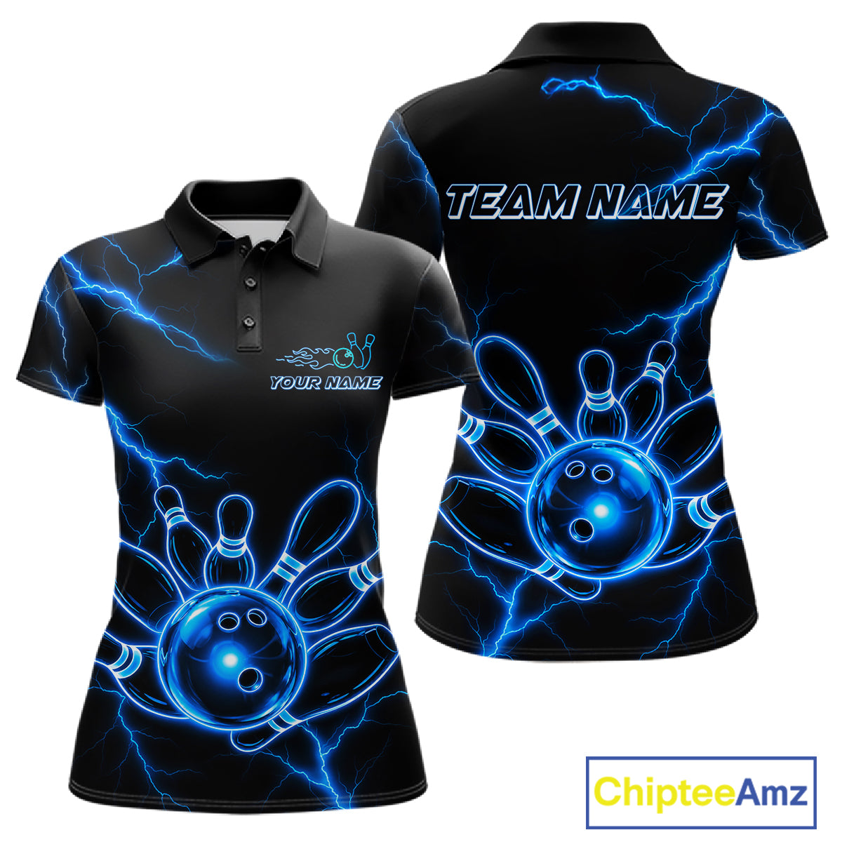 Blue Lightning Thunder Neon Bowling Polo Shirt For Women Custom Bowling Team Jersey Personalized League Bowler Apparel