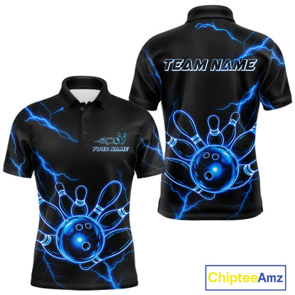 Blue Lightning Thunder Neon Bowling Polo Shirt For Men Custom Bowling Team Jersey Personalized League Bowler Apparel
