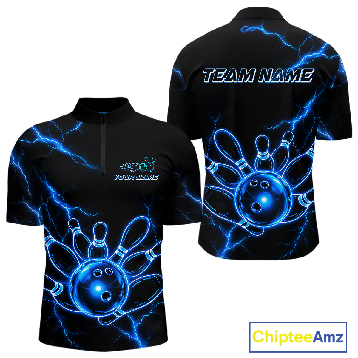 Blue Lightning Thunder Neon Bowling Quarter-Zip Shirt For Men Custom Bowling League Team Jersey