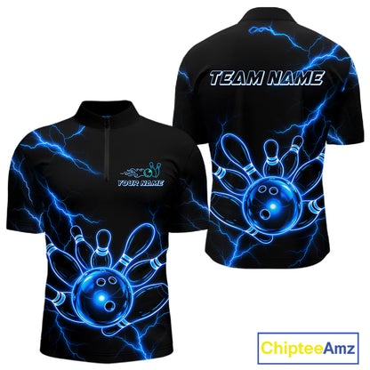 Blue Lightning Thunder Neon Bowling Quarter-Zip Shirt For Men Custom Bowling League Team Jersey