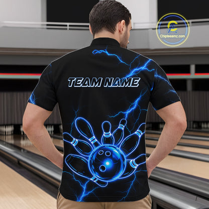 Male bowler wearing Blue Lightning Thunder Neon bowling jersey custom bowling tournament apparel
