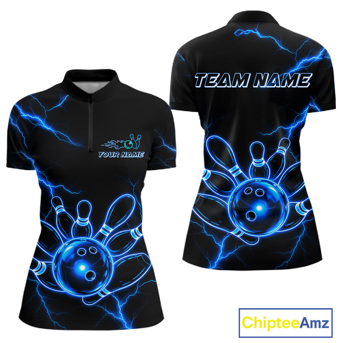 Blue Lightning Thunder Neon Bowling Quarter-Zip Shirt For Women Custom Bowling League Team Jersey