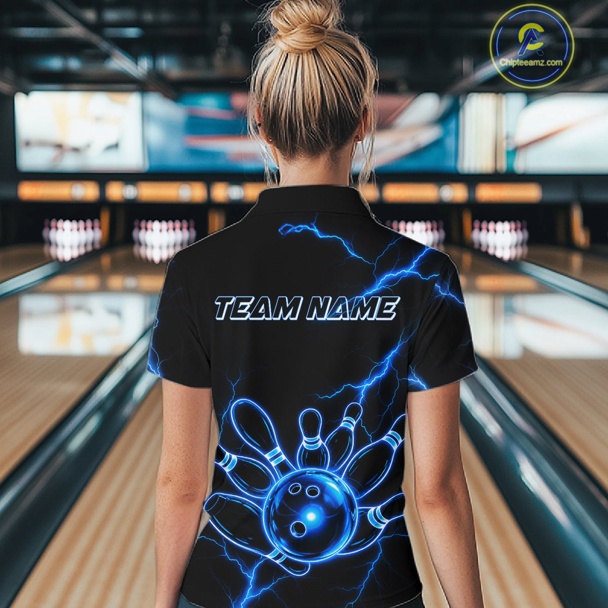 Female bowler wearing Blue Lightning Thunder Neon bowling jersey custom bowling tournament apparel