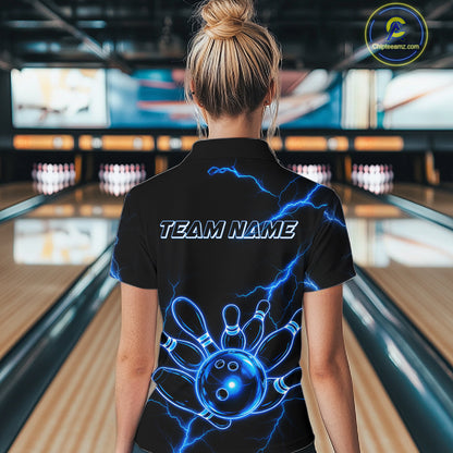 Female bowler wearing Blue Lightning Thunder Neon bowling jersey custom bowling tournament apparel