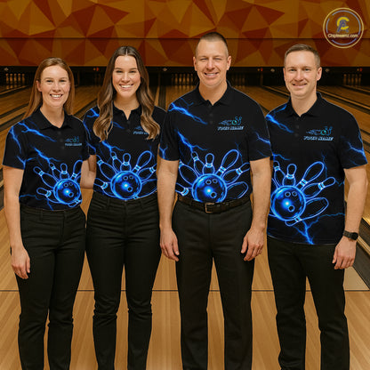 Men women bowling team wearing Blue Lightning Thunder Neon bowling jerseys matching league uniforms