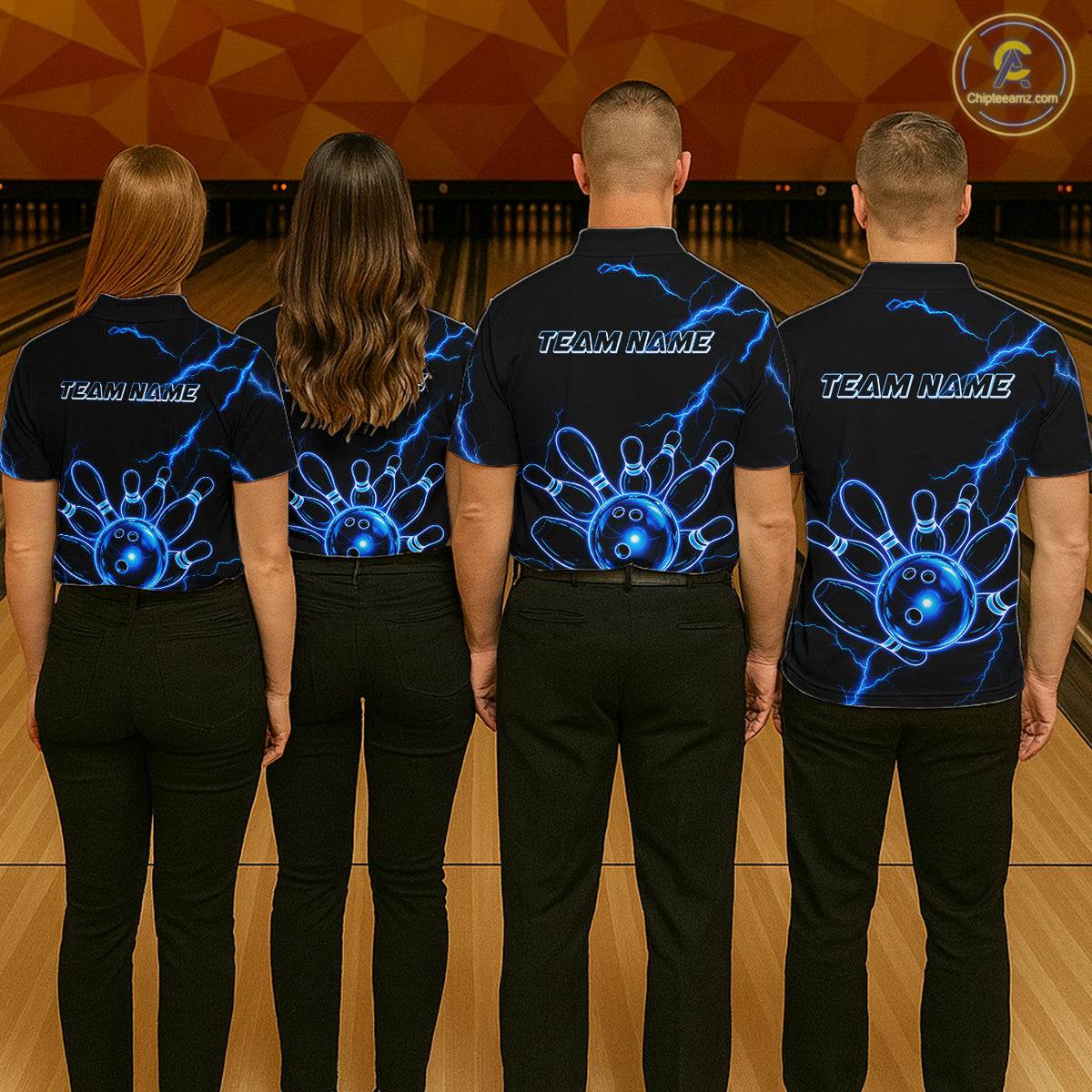 Men women bowling team wearing Blue Lightning Thunder Neon bowling jerseys matching league uniforms