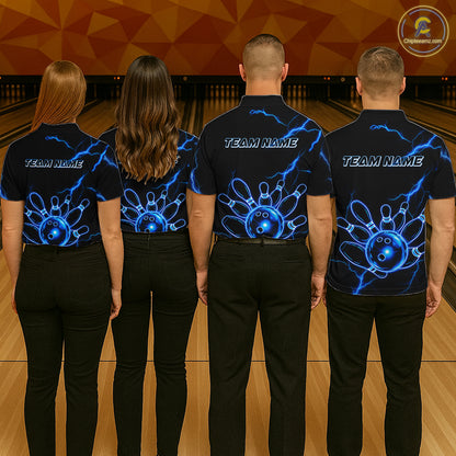 Men women bowling team wearing Blue Lightning Thunder Neon bowling jerseys matching league uniforms
