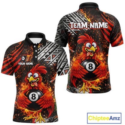 Funny Rooster Plays Pool 8 Ball 3D Billiard Shirt For Men Custom Grunge Flame Billiard Team Attire NYN2566