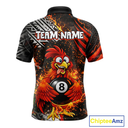 Funny Rooster Plays Pool 8 Ball 3D Billiard Shirt For Men Custom Grunge Flame Billiard Team Attire NYN2566