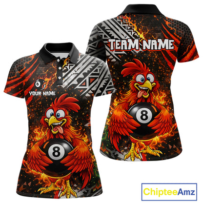 Funny Rooster Plays Pool 8 Ball 3D Billiard Shirt For Women Custom Grunge Flame Billiard Team Attire NYN2566