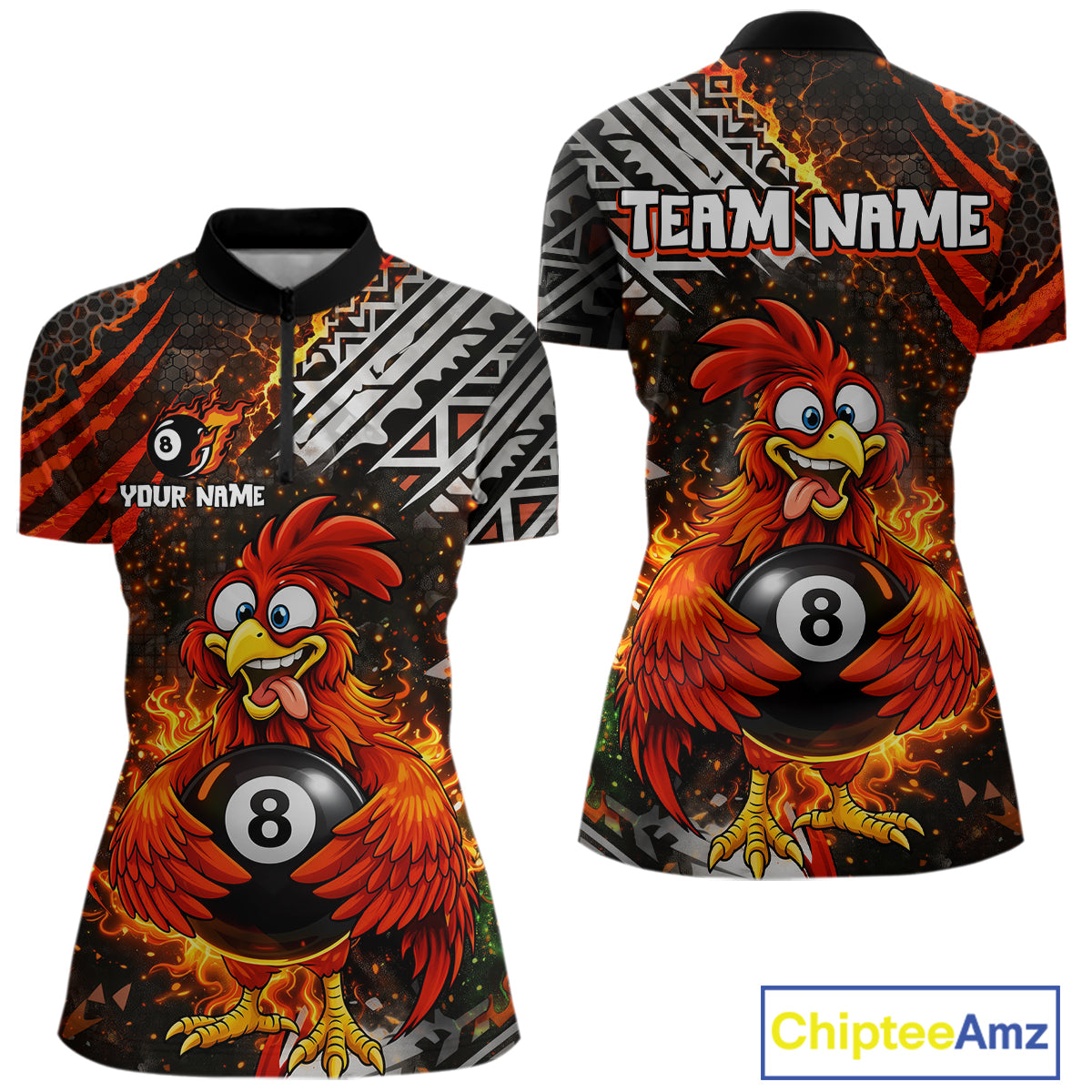 Funny Rooster Plays Pool 8 Ball 3D Billiard Shirt For Women Custom Grunge Flame Billiard Team Attire NYN2566