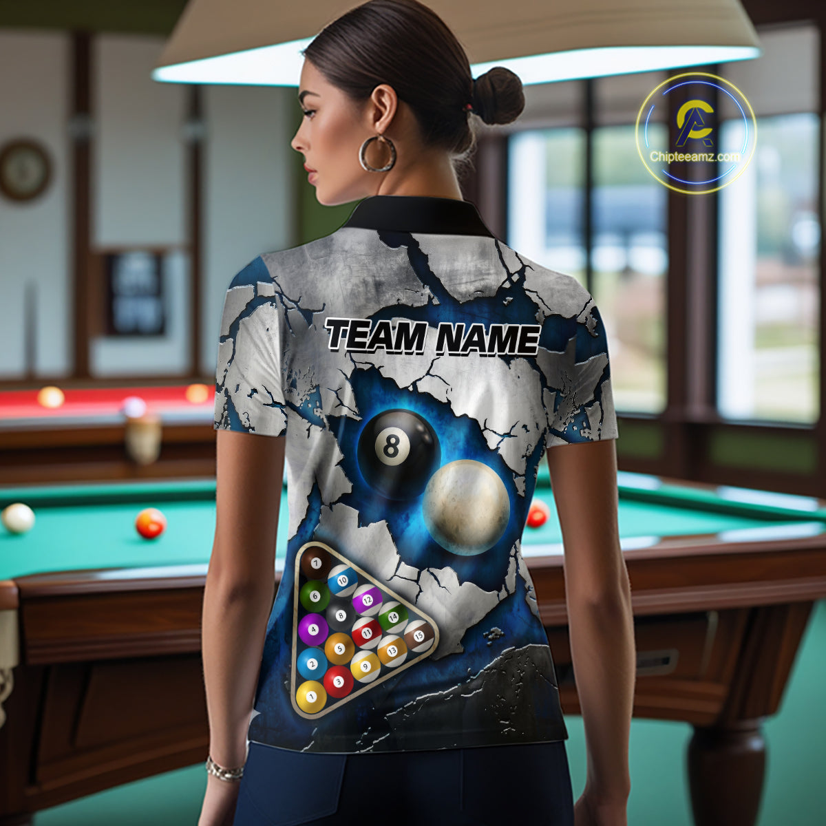 Blue And Grey Cracked 8 Ball Billiard Polo & 1/4 Zip Shirt For Women Custom Billiard Pool Team Shirt NYN2942