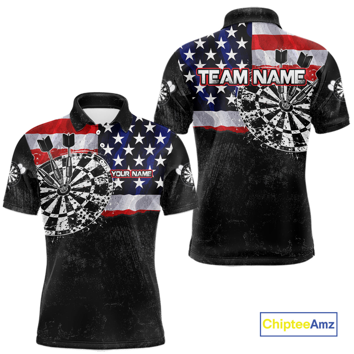 American Flag Grunge Dartboard Men's Dart Polo Shirt, Personalized USA Dart League Jersey, Athletic Apparel