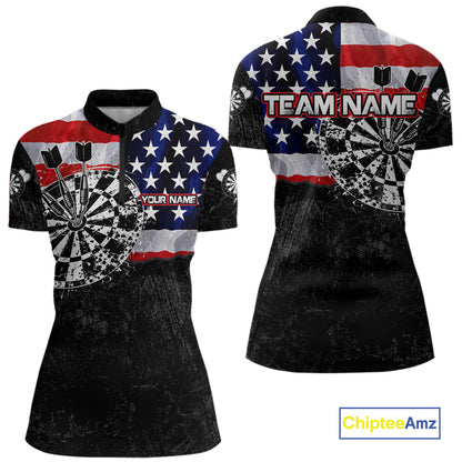 American Flag Women's Dart Quarter-Zip Shirt, Personalized Patriot Dart Tournament Jersey, Performance Sportswear