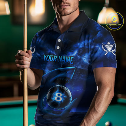 Blue Funny Shark Light 8 Ball Billiard Shirts For Men Custom Pool Billiard Team Jerseys NYN2289