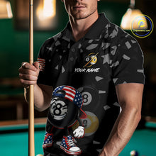 Load image into Gallery viewer, Male Pool Player Wearing Funny US Flag 8 Ball Billiard Shirt, Patriotic Pool League Clothing