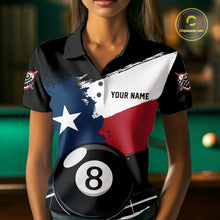 Load image into Gallery viewer, Female billiard player wearing Texas Flag Splash 8 Ball custom billiard shirt