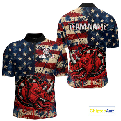Red dripping rhino dart 1/4-zip shirt for men grunge American flag apparel