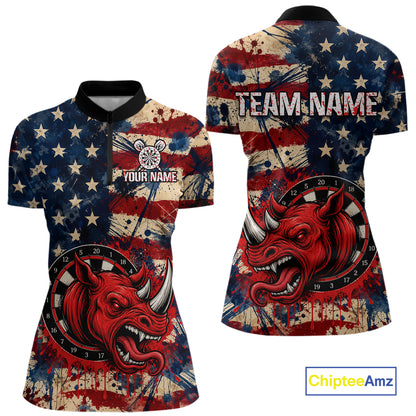 Red dripping rhino dart 1/4-zip shirt for women grunge American flag apparel