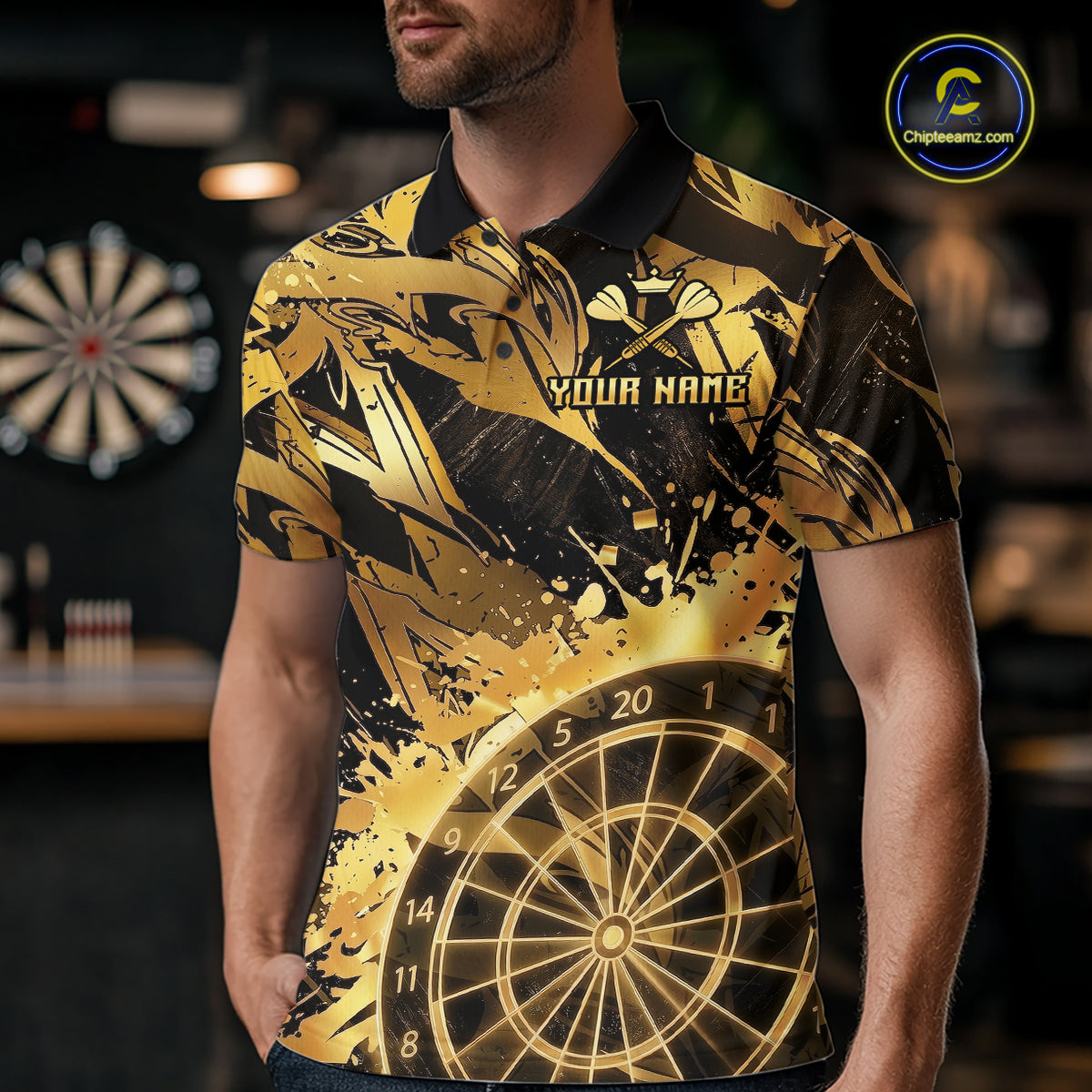 Gold Splatter Dartboard Men Dart Polo & 1/4-Zip Shirt Custom Name Dart Jersey For Darters NYN2965