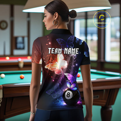 Multi-Color Butterfly 8 Ball Pool Polo & 1/4 Zip Shirts For Women Custom Pool Billiard Team Jerseys NYN2972