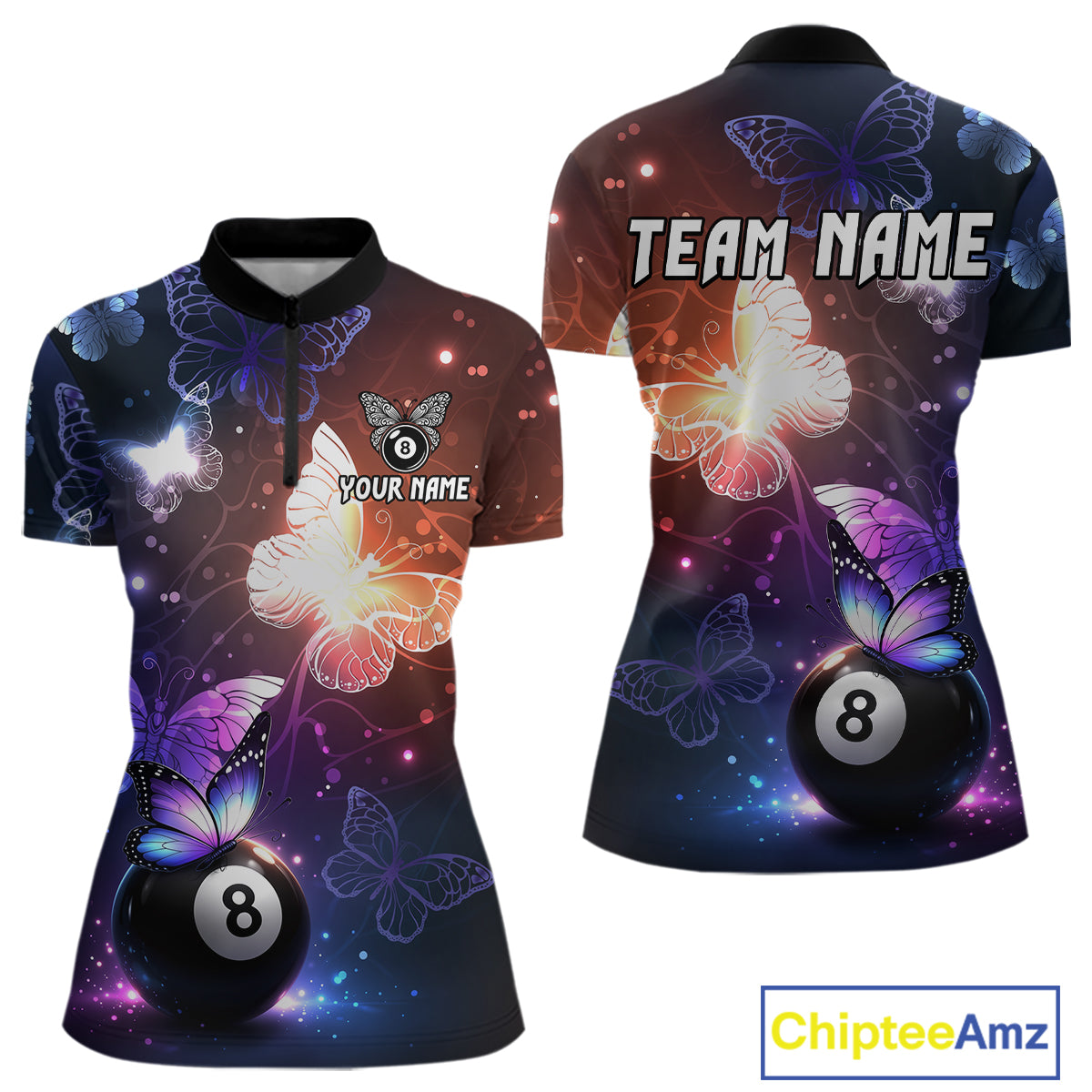 Multi-Color Butterfly 8 Ball Pool Polo & 1/4 Zip Shirts For Women Custom Pool Billiard Team Jerseys NYN2972