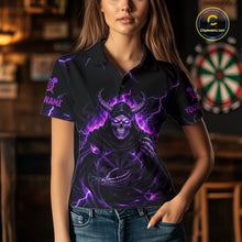 Load image into Gallery viewer, Purple Neon Flaming Grim Reaper Women Darts Polo Jerseys Custom Name Dart League Shirt NYN2064