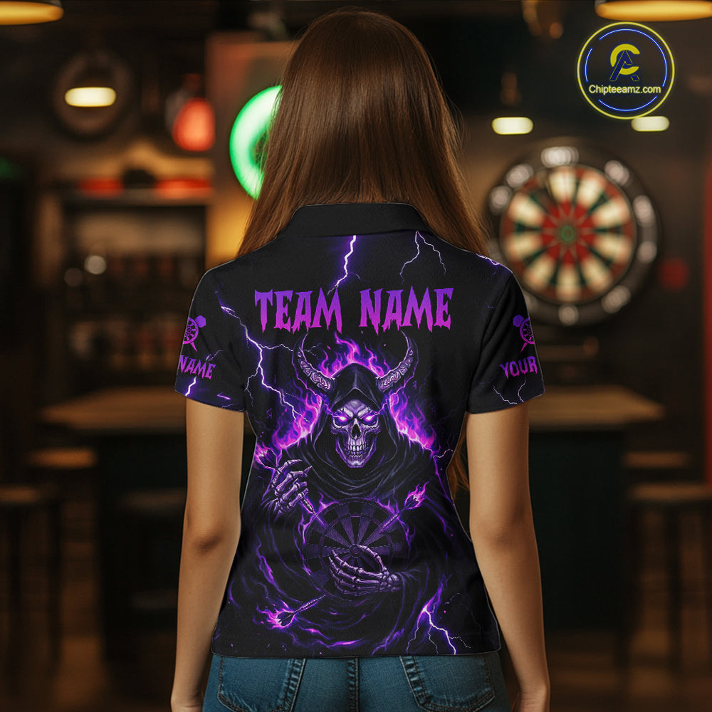 Purple Neon Flaming Grim Reaper Women Darts Polo Jerseys Custom Name Dart League Shirt NYN2064