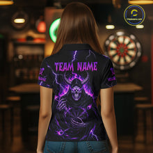 Load image into Gallery viewer, Purple Neon Flaming Grim Reaper Women Darts Polo Jerseys Custom Name Dart League Shirt NYN2064