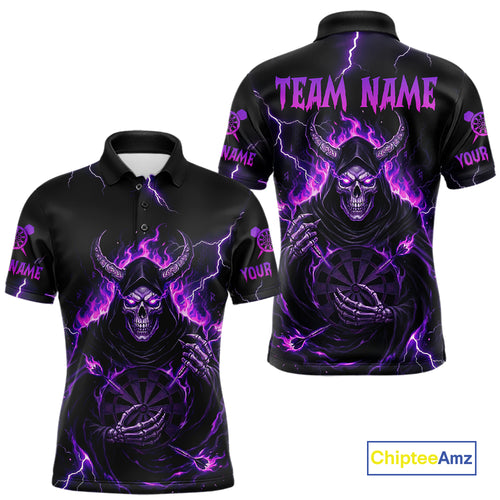 Purple Neon Flaming Grim Reaper Men Darts Polo Jerseys Custom Name Dart League Shirt NYN2064