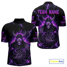 Load image into Gallery viewer, Purple Neon Flaming Grim Reaper Men Darts Quarter-Zip Jerseys Custom Name Dart League Shirt NYN2064