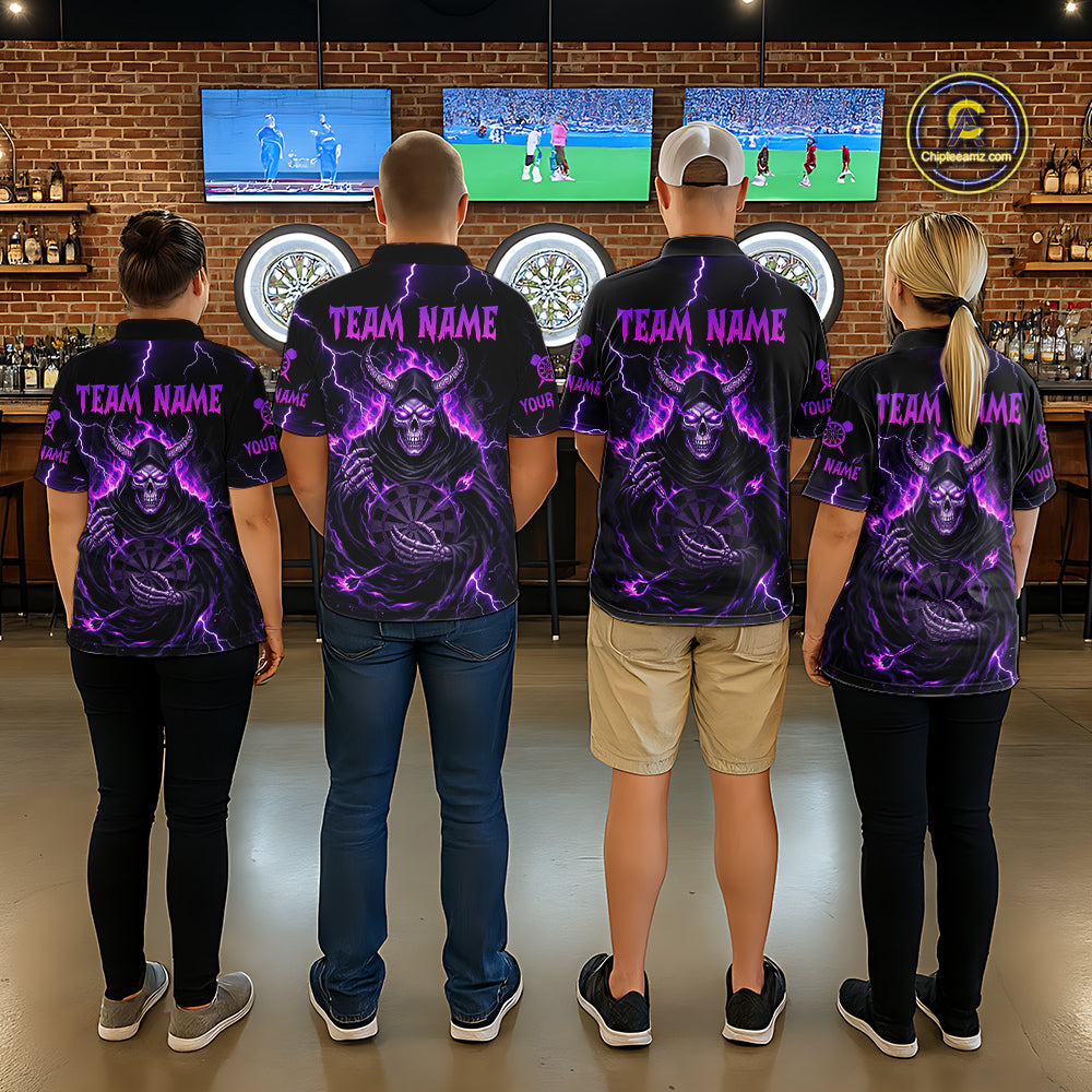 Purple Neon Flaming Grim Reaper Men Darts Polo Jerseys Custom Name Dart League Shirt NYN2064