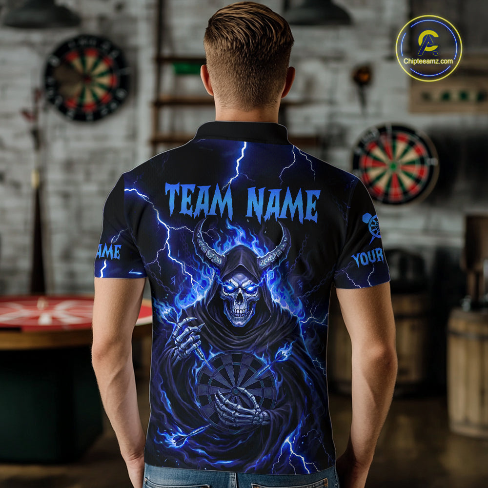 Blue Neon Flaming Grim Reaper Men Darts Polo Jerseys Custom Name Dart League Shirt NYN2065