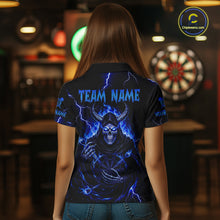 Load image into Gallery viewer, Blue Neon Flaming Grim Reaper Women Darts Polo Jerseys Custom Name Dart League Shirt NYN2065