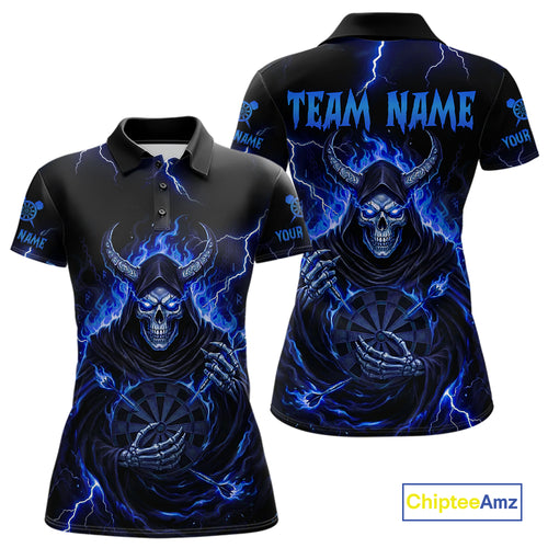 Blue Neon Flaming Grim Reaper Women Darts Polo Jerseys Custom Name Dart League Shirt NYN2065