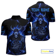 Load image into Gallery viewer, Blue Neon Flaming Grim Reaper Men Darts Quarter-Zip Jerseys Custom Name Dart League Shirt NYN2065