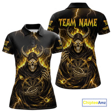 Load image into Gallery viewer, Yellow Neon Flaming Grim Reaper Women Darts Polo Jerseys Custom Name Dart League Shirt NYN2066