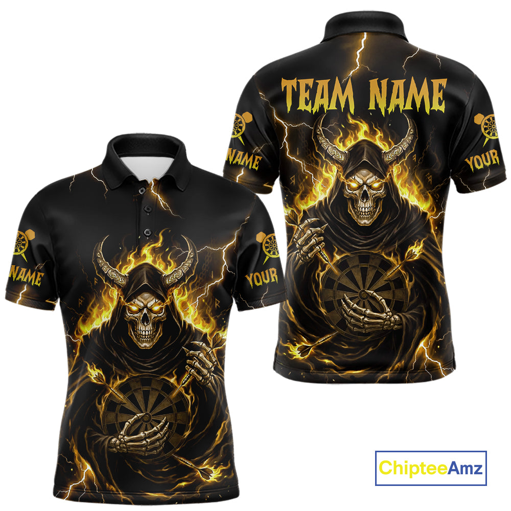 Yellow Neon Flaming Grim Reaper Men Darts Polo Jerseys Custom Name Dart League Shirt NYN2066