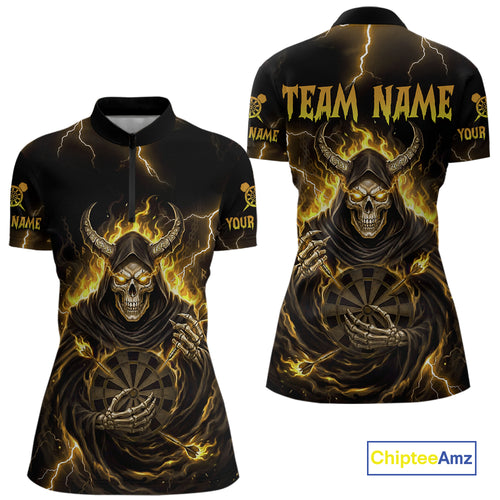 Yellow Neon Flaming Grim Reaper Women Darts Quarter-Zip Jerseys Custom Name Dart League Shirt NYN2066