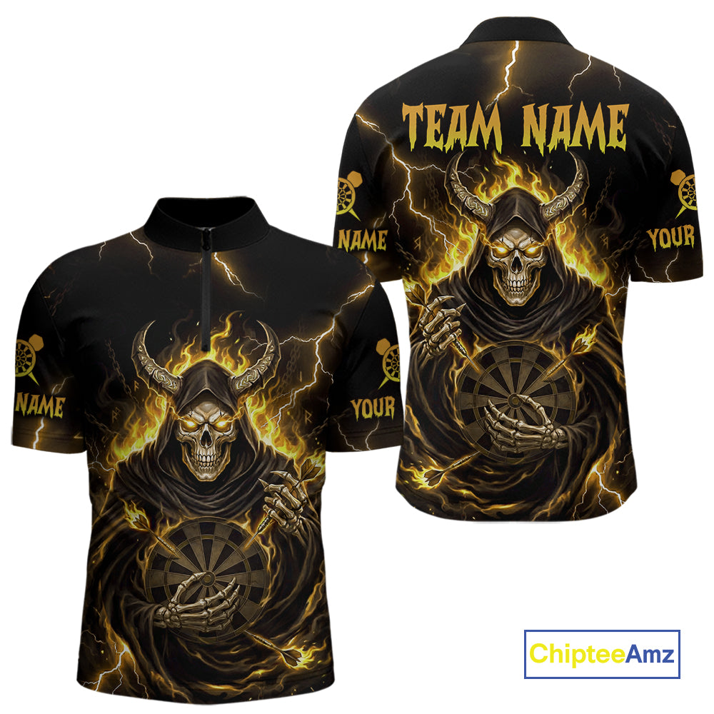 Yellow Neon Flaming Grim Reaper Men Darts Quarter-Zip Jerseys Custom Name Dart League Shirt NYN2066