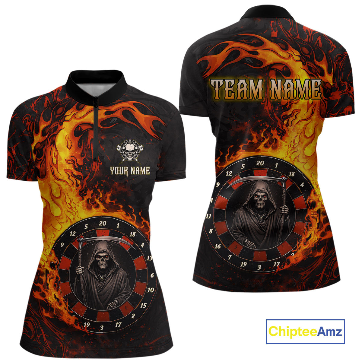 Grim Reaper Red Flaming Dartboard Women Darts 1/4-Zip Shirt Personalized Grunge Darts Team Jerseys NYN2600