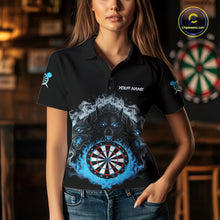 Load image into Gallery viewer, Grey And Blue Flames Wolf Custom Women&#39;s Funny Dart Polo Shirts Team Dart League Jerseys NYN2079