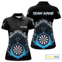 Load image into Gallery viewer, Grey And Blue Flames Wolf Custom Women&#39;s Funny Dart Polo Shirts Team Dart League Jerseys NYN2079