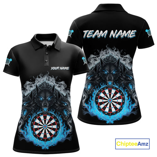Grey And Blue Flames Wolf Custom Women's Funny Dart Polo Shirts Team Dart League Jerseys NYN2079