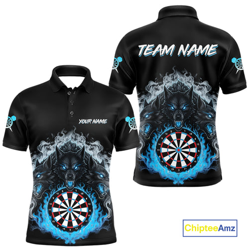 Grey And Blue Flames Wolf Custom Men's Funny Dart Polo Shirts Team Dart League Jerseys NYN2079